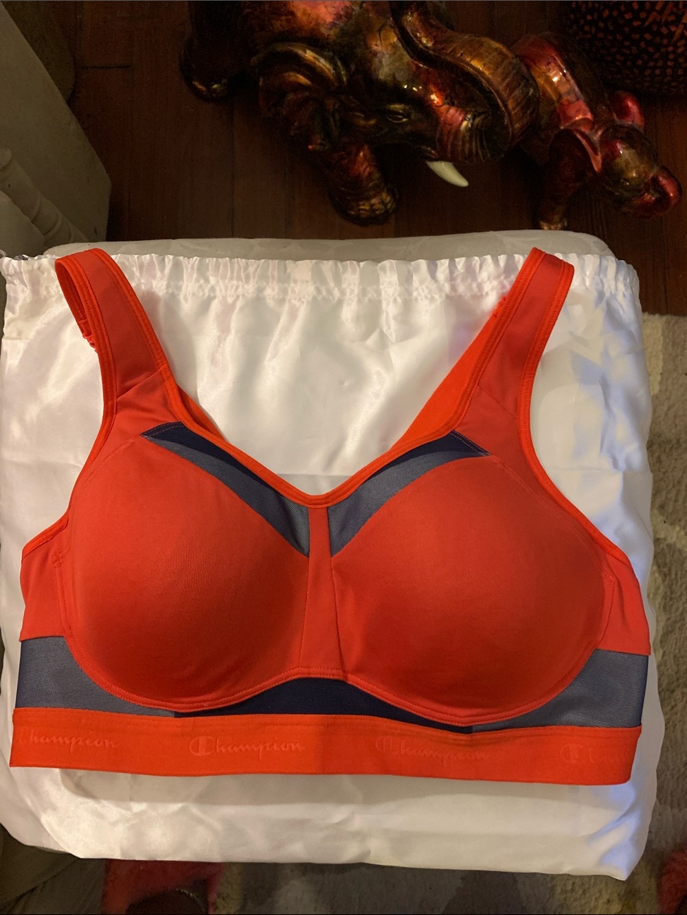 Champion Women's Orange-Red Supportive Sports Bra with Navy Accents